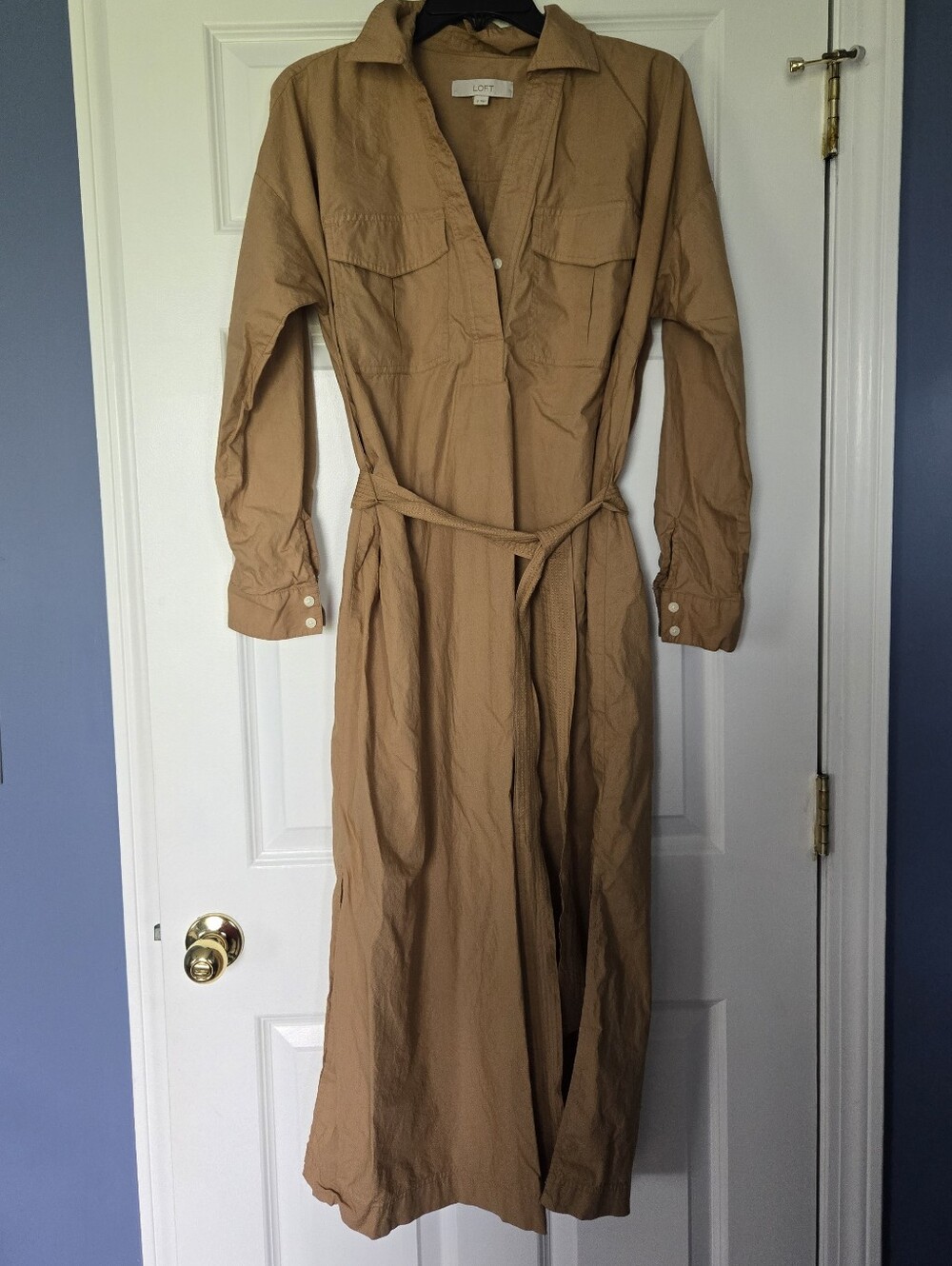 NWOT LOFT Long Sleeve Tan Shirt Midi Dress with Waist Tie